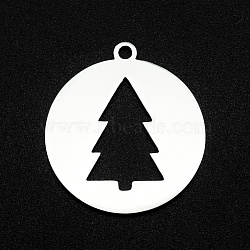 Christmas 201 Stainless Steel Pendants, Laser Cut, Hollow, Flat Round with Christmas Tree, Stainless Steel Color, 22x20x1mm, Hole: 1.6mm(STAS-R111-JA671)