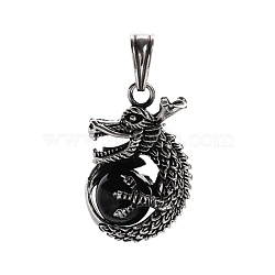 Stylish Retro 304 Stainless Steel Agate Dragon Pendants, Antique Silver, Black, 37.5x17x25mm, Hole: 6x10.5mm(STAS-F011-37A)