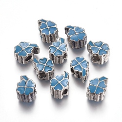 Antique Silver Plated Alloy Enamel European Beads, Large Hole Clover Beads, Steel Blue, 13.5x9x8mm, Hole: 4mm(ENAM-J595-01AS-A)