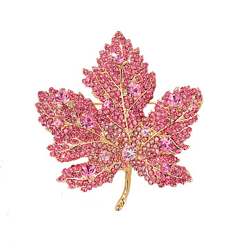 Autumn Maple Leaf Light Gold Alloy Rhinestone Brooch Pins, for Sweaters Coats, Light Rose, 50x47mm