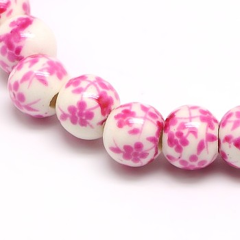 Handmade Flower Printed Porcelain Ceramic Beads Strands, Round, Pearl Pink, 6mm, Hole: 2mm, about 60pcs/strand, 13 inch