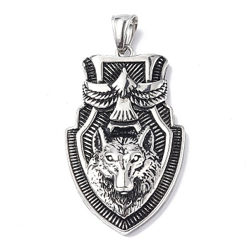 304 Stainless Steel Big Pendants, Shield with Wolf Charm, Antique Silver, 51x30x8mm, Hole: 5x9mm