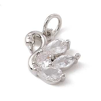 Brass Micro Pave Cubic Zirconia Charms, with Jump Rings, Swan Charms, Platinum, 12x12x3mm, Hole: 3.4mm