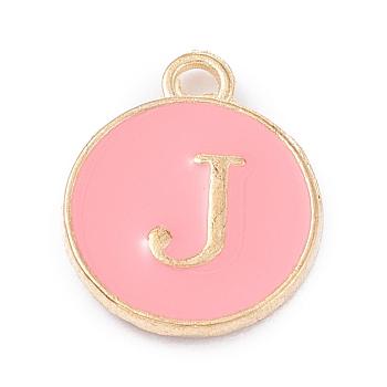 Golden Plated Alloy Enamel Charms, Enamelled Sequins, Flat Round with Alphabet, Letter.J, Pink, 14x12x2mm, Hole: 1.5mm