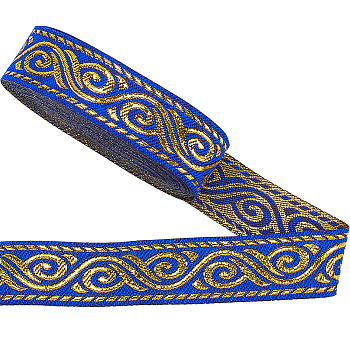 Ethnic Style Embroidery Polyester Ribbons, Jacquard Ribbon, Tyrolean Ribbon, Garment Accessories, Flat, Blue, 3/4 inch(20mm), about 7.66 Yards(7m)/Roll