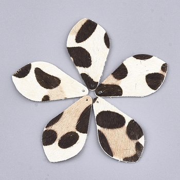 Eco-Friendly Cowhide Pendants, Teardrop with Leopard Print, Beige, 38x21x1mm, Hole: 1.5mm