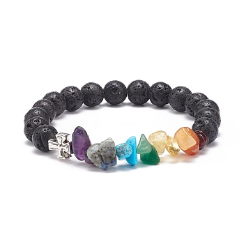 Natural Lava Rock & Gemstone Chips Stretch Bracelet with Alloy Cross, 7 Chakra Jewelry for Women, Inner Diameter: 2~2-1/8 inch(5.15~5.45cm)