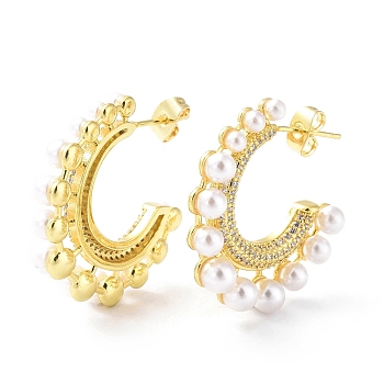Clear Cubic Zirconia C-shape Stud Earrings with ABS Plastic Pearl Beaded, Brass Half Hoop Earrings for Women, Real 18K Gold Plated, 30x28.5x6mm, Pin: 0.8mm