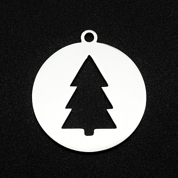 Christmas 201 Stainless Steel Pendants, Laser Cut, Hollow, Flat Round with Christmas Tree, Stainless Steel Color, 22x20x1mm, Hole: 1.6mm
