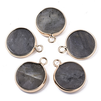 Natural Labradorite Pendants, with Light Gold Plated Brass Edge, Flat Round, 20x16.5x3~4mm, Hole: 2.5mm