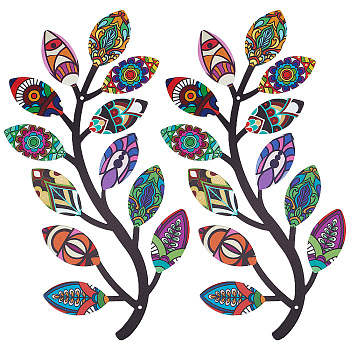 2Pcs 2 Style Iron Tree Leaf Wall Decor, Vine Olive Branch Leaf Wall Metal Art Hangings Decorations, for Indoor Outdoor Bedroom Living Room Cafe, Mixed Color, 322x155x1mm, Hole: 3mm, 1pc/style