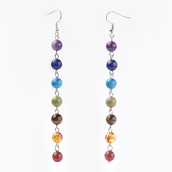 Chakra Jewelry, Natural & Synthetic Gemstone Beads Dangle Earrings, with Platinum Tone Brass Hooks, 114mm, Pin: 0.6mm