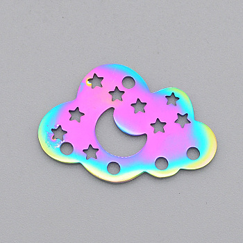 Ion Plating(IP) 201 Stainless Steel Chandelier Components Links, Laser Cut, Cloud with Moon and Star, Rainbow Color, 17x25x1mm, Hole: 1.6mm