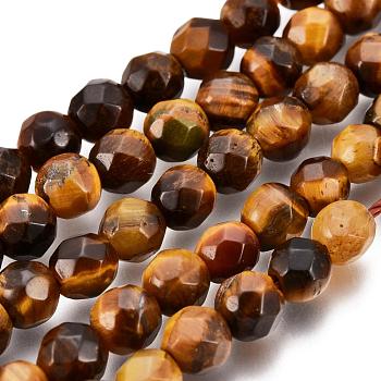 Faceted Grade A Natural Tiger Eye Round Bead Strands, 4mm, Hole: 0.8mm, about 95pcs/strand, 15.5 inch