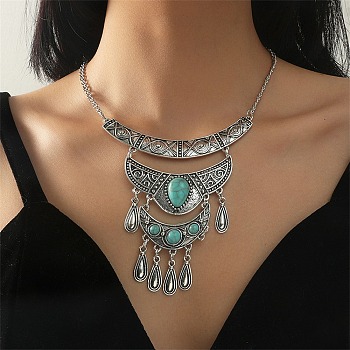 Bohemia Style Alloy Bib Necklace, Double Horn with Teardrop Acrylic Imitation Turquoise Pendant Necklaces, Antique Silver, 20.75 inch(52.7cm)