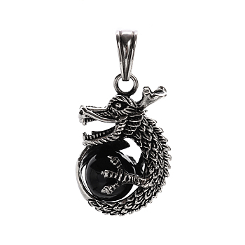 Stylish Retro 304 Stainless Steel Agate Dragon Pendants, Antique Silver, Black, 37.5x17x25mm, Hole: 6x10.5mm