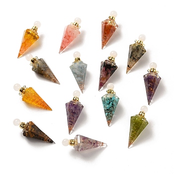 Natural & Synthetic Mixed Gemstone Perfume Bottle Pendants, Resin Faceted Cone Charms with Golden Plated Brass Screw Cap, Mixed Dyed and Undyed, 46.5~48x19~20x17~18mm, Hole: 1.8mm
