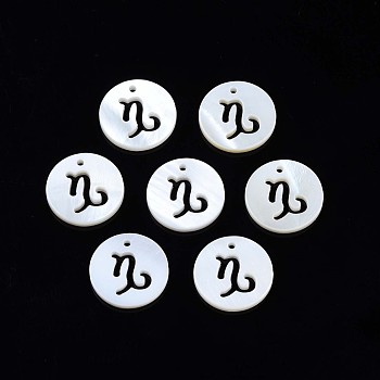 Natural Freshwater Shell Charms, Flat Round with Twelve Constellations, Hollow, Capricorn, 12x1.5mm, Hole: 0.9mm