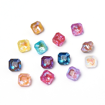 Glass Rhinestone Cabochons, Mocha Fluorescent Style, Pointed Back, Faceted, Square, Mixed Color, 10x10x7mm
