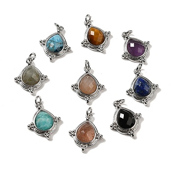 Natural Mixed Stone Faceted Pendants, Rhombus Charms with Rack Plating Platinum Tone Brass Findings, Cadmium Free & Lead Free, 19.5x16x5mm, Hole: 3mm