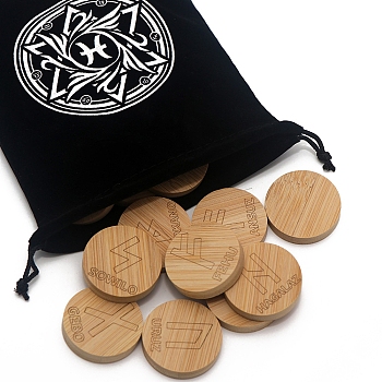 Wood Round Elder Futhark Alphabet Engraved Symbol Rune Stones Sets, with Flannelette Bag, BurlyWood, 39x9mm, 25pcs/set