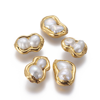 Natural Cultured Freshwater Pearl Beads, with Golden Plated Brass Findings, Calabash, White, Golden, 19~23.5x14.5~17x7~9mm, Hole: 0.7mm