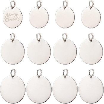 18Pcs 3 Style 201 Stainless Steel Flat Round Tag Pendants, with Jump Rings, Stainless Steel Color, 15~25mm, Hole: 4~6mm, 6pcs/style