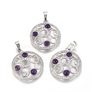 Natural Amethyst Pendants, with Platinum Tone Brass Findings and Crystal Rhinestone, Flat Round, 29x25.5x4.5mm, Hole: 4.5x8mm(G-L512-T16)