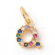 Brass Micro Pave Colorful Cubic Zirconia Charms, Golden, Letter.Q, 8.5x7x2mm, Hole: 3mm(ZIRC-F092-01-Q)