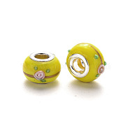 Handmade Lampwork European Beads, Large Hole Rondelle Beads, Bumpy Lampwork, with Glitter Powder and Platinum Tone Brass Double Cores, Yellow, 14~15x9~10mm, Hole: 5mm(X-LPDL-N001-037-E07)