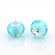 Transparent Glass European Beads, Large Hole Rondelle Beads, with Silver Tone Brass Cores, Cyan, 14x11mm, Hole: 5mm(GPDL-J014-01)