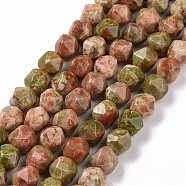 Natural Unakite Beads Strands, Faceted, Polygon, 8x7.5x7.5mm, Hole: 1.2mm, about 49pcs/strand, 14.57 inch(37cm)(G-G990-B02)