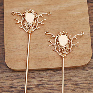 Iron Hair Stick Findings, with Alloy Cabochons Setting, Teardrop with Flower, Light Gold, Tray: 14x10mm, 145x47x6mm, Pin: 2.5mm(OHAR-PW0001-278KCG)