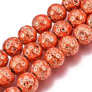 Electroplated Natural Lava Rock Beads Strands, Round, Bumpy, Coral, 8~8.5mm, Hole: 1mm, about 46pcs/strand, 14.5 inch(G-T098-01C-07)