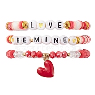 3Pcs 3 Style Polymer Clay Heishi Surfer Stretch Bracelets Set, Word & Heart Brass Charms Stackable Bracelets for Valentine's Day, Red, Inner Diameter: 2-1/8 inch(5.5cm), 1Pc/style(BJEW-TA00317)