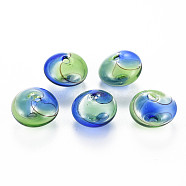 Transparent Handmade Blown Glass Globe Beads, Stripe Pattern, Flat Round, Light Green, 14~16x10~11mm, Hole: 1~2mm(GLAA-T012-34)