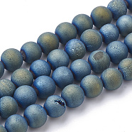 Electroplate Natural Druzy Geode Weathered Agate Beads Strands, Frosted, Dyed, Round, Green Plated, 7.5~8mm, Hole: 1~1.5mm, about 44~46pcs/strand, 14.5~15 inch(G-S284-8mm-03)