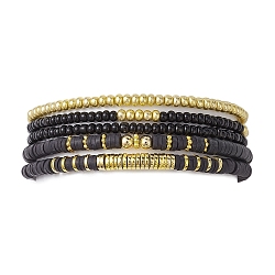 5Pcs 5 Style Polymer Clay Disc & Synthetic Hematite & Seed Beaded Stretch Bracelets Set, Stackable Bracelets, Black, Inner Diameter: 2-1/2 inch(6.3cm), 1Pc/style(BJEW-JB09685-02)