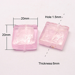 Handmade Silver Foil Lampwork Beads, Square, Pearl Pink, 20x20x6mm(FOIL-S006-20x20mm-02)