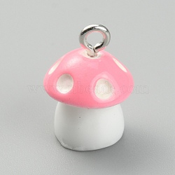 Opaque Resin Pendants, with Platinum Tone Alloy Loops, Mushroom Charm with Polka Dot Pattern, Pink, 15x11mm, Hole: 2mm(RESI-CJC0012-17A)