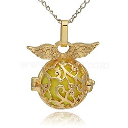 Golden Tone Brass Hollow Round Cage Pendants, with No Hole Spray Painted Brass Ball Beads, Champagne Yellow, 26x26x19mm, Hole: 3x8mm(KK-J230-04G)