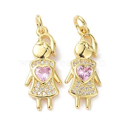 Brass Pink Cubic Zirconia Pendant, with Jump Rings, Long-Lasting Plated, Lead Free & Cadmium Free, Children, Real 18K Gold Plated, 22x9x2.5mm, Hole: 3.4mm(ZIRC-C021-43G-02)