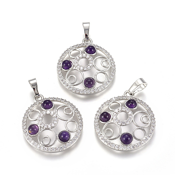Natural Amethyst Pendants, with Platinum Tone Brass Findings and Crystal Rhinestone, Flat Round, 29x25.5x4.5mm, Hole: 4.5x8mm