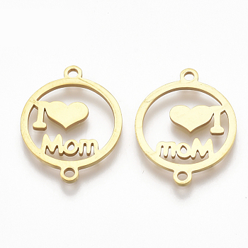Mother's Day Theme, 201 Stainless Steel Links, Laser Cut Links, Flat Round with Word MOM, Golden, 19x15x1mm, Hole: 1mm