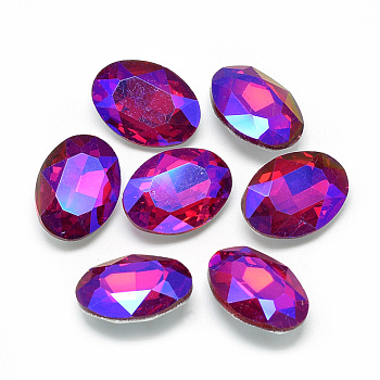 Pointed Back Glass Rhinestone Cabochons, Back Plated, Faceted, AB Color Plated, Oval, Red, 18x13x5.5mm