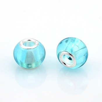 Transparent Glass European Beads, Large Hole Rondelle Beads, with Silver Tone Brass Cores, Cyan, 14x11mm, Hole: 5mm