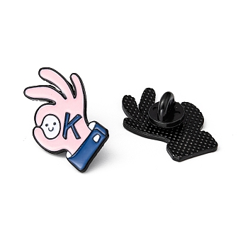 Creative Zinc Alloy Brooches, Enamel Lapel Pin, with Iron Butterfly Clutches or Rubber Clutches, Electrophoresis Black, Gesture For OK, Pink, 30x23mm, Pin: 1mm