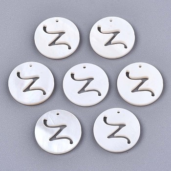 Natural Freshwater Shell Charms, Flat Round with Hollow Out Letter, Letter.Z, 14.5x1.5mm, Hole: 0.9mm