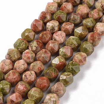 Natural Unakite Beads Strands, Faceted, Polygon, 8x7.5x7.5mm, Hole: 1.2mm, about 49pcs/strand, 14.57 inch(37cm)