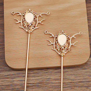 Iron Hair Stick Findings, with Alloy Cabochons Setting, Teardrop with Flower, Light Gold, Tray: 14x10mm, 145x47x6mm, Pin: 2.5mm